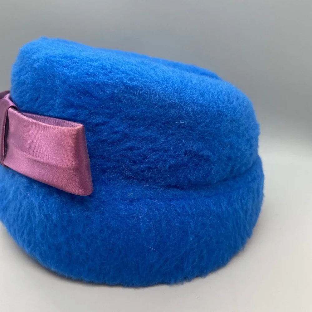 Vintage Electric Blue Fuzzy Wool Pillbox Hat Mauve Satin Bow Mid Century Modern